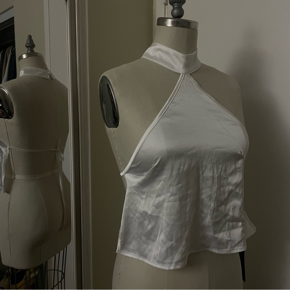White halter silky backless crop top